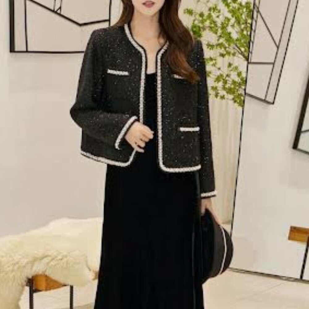 Maje Black Women's Knit Cardigan Jacket with White Trim Size 1